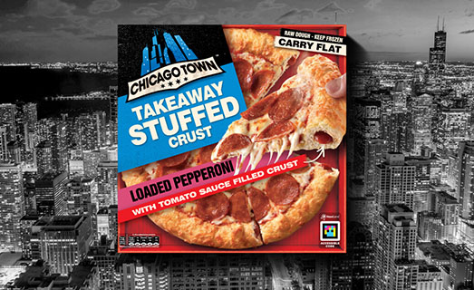 Chicago Town's takeaway loaded pepperoni pizza pack on top of a grayscale image of Chicago's skyline